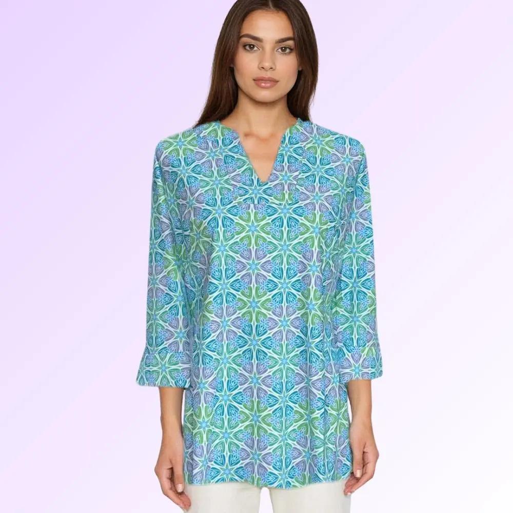 Boca Tunic Top Flower Burst Blue Elegant Relaxed Fit Katherine Way